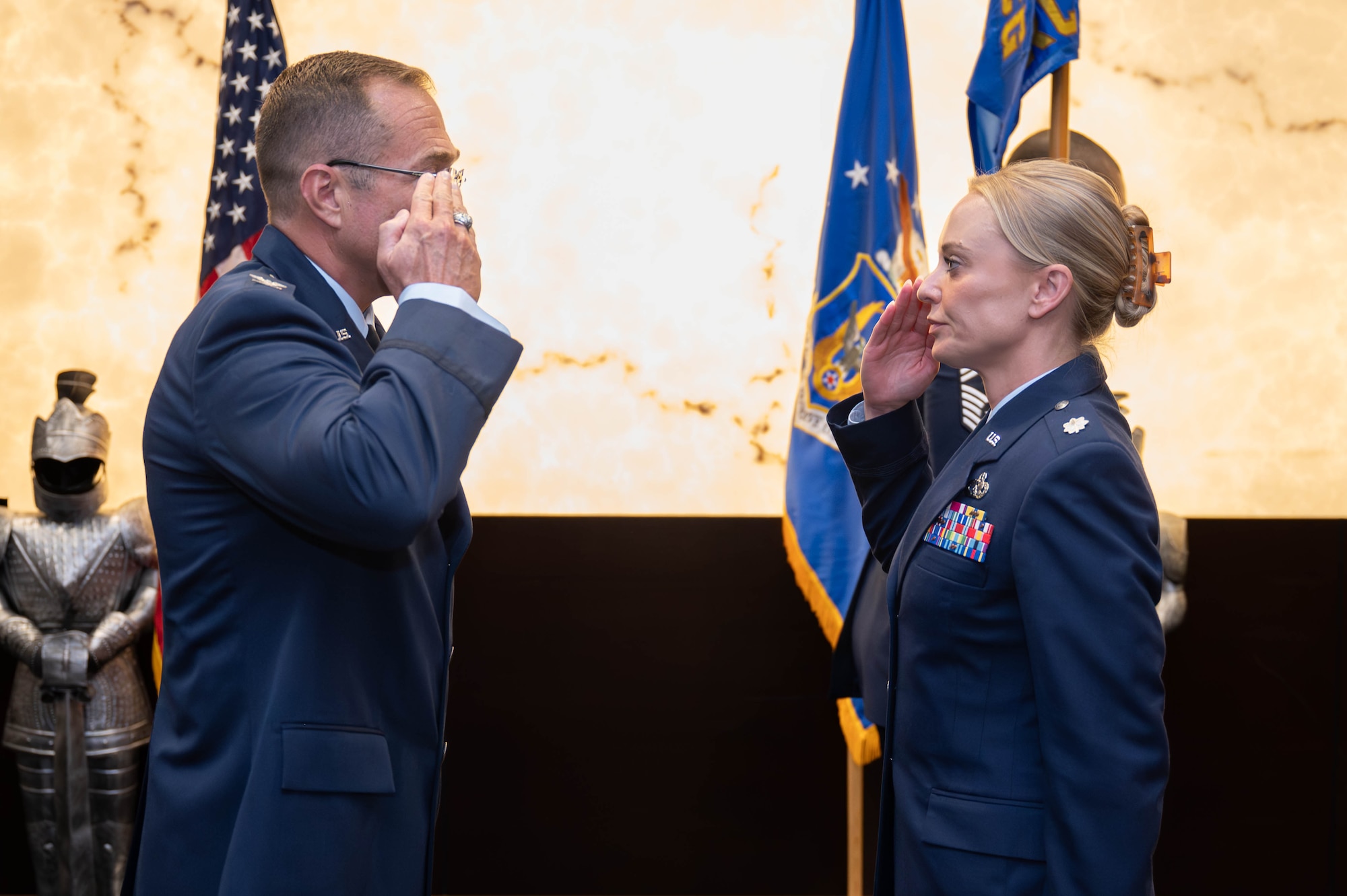 U.S. Air Force Lt. Col. Stephanie L. Bukowski, 350th Recruiting Squadron commander, Joint Base McGuire-Dix-Lakehurst, New Jersey, renders her first salute as commander of the 350 RCS to U.S. Air Force Col. Sean Fellows, 376th Recruiting Group commander, Robins Air Force Base, Georgia, during an Assumption of Command ceremony, June 2, 2026, Pittsburgh, Pennsylvania. Bukowski now commands 12 flights throughout 21 states in the Northeastern United States, will manage a $675,000 annual budget, the accession of more than 2,000 Citizen Airmen annually in the 350 RCS; comprised of 96 military and 10 civilian personnel, 66 recruiting offices, 14 Military Entrance Processing Stations in an area of operations that spans 588,310 square miles. (U.S. Air Force photo by Master Sgt. Jeffrey Grossi)