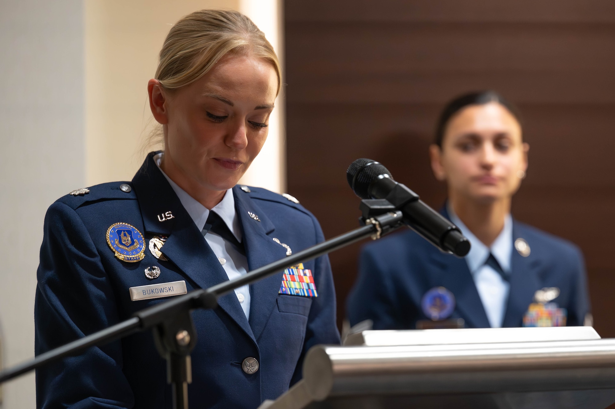 U.S. Air Force Lt. Col. Stephanie L. Bukowski, 350th Recruiting Squadron commander, Joint Base McGuire-Dix-Lakehurst, New Jersey, addresses the 350 RCS for the first time as its commanding officer during the assumption of command ceremony, June 2, 2026, in Pittsburgh, Pennsylvania. Bukowski now commands 12 flights throughout 21 states in the Northeastern United States, will manage a $675,000 annual budget, the accession of more than 2,000 Citizen Airmen annually in the 350 RCS; comprised of 96 military and 10 civilian personnel, 66 recruiting offices, 14 Military Entrance Processing Stations in an area of operations that spans 588,310 square miles. (U.S. Air Force photo by Master Sgt. Jeffrey Grossi)