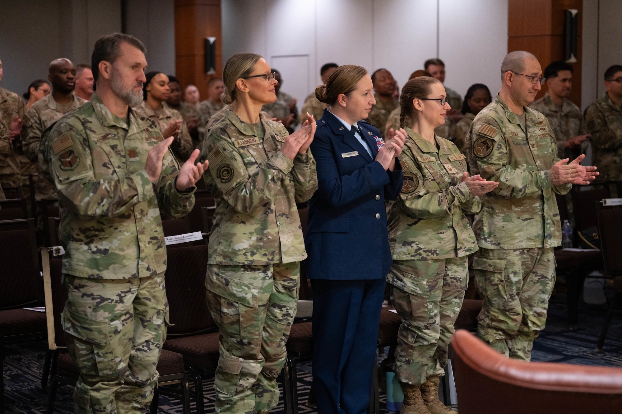 Airmen of the 367th Recruiting Group, Robins Air Force Base, Georgia, and affiliates, applaud following the 350th Recruiting Squadron Assumption of Command by U.S. Air Force Lt. Col. Stephanie L. Bukowski, 350 RCS commander, Joint Base McGuire-Dix-Lakehurst, New Jersey, June 2, 2026, in Pittsburgh, Pennsylvania. An Assumption of Command is a formal military procedure where an incoming officer formally accepts the official authority, responsibility, and accountability of a unit. (U.S. Air Force photo by Master Sgt. Jeffrey Grossi)