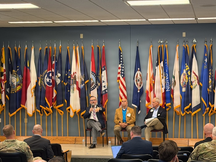 Small unmanned aerial system experts speak at the Virginia Safer Skies Symposium about emerging threats and the role of National Guard members and law enforcement agencies to meet force protection objectives at Maples Field Airport, Va., April 28, 2026. U.S. Air Force Maj. Adam Lucero, 163d Attack Wing Hap Arnold Innovation Center director of innovation, attended the symposium to gain expertise for possible integration capabilities into joint force operations. (U.S. Air National Guard photo by Maj. Adam Lucero)