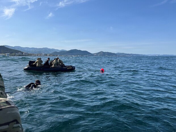 Explosive Ordnance Disposal (EOD) Mobile Unit FIVE Expeditionary Mine Countermeasures Company 3-1 (CTU 77.6) Sailors prepare to conduct joint reacquisition and identification dives alongside Republic of Korea (ROK) divers off the coast of Pohang, South Korea during the 2026 ROK-U.S. Combined Mine Warfare Exercise, April 24, 2026. The 2026 ROK-U.S. Combined Mine Warfare Exercise increases combined proficiency between the Republic of Korea Navy and the U.S. Navy through the exchange of tactics and techniques, while enhancing common bonds. The exercise takes place in U.S. 7th Fleet, the Navy's largest forward-deployed numbered fleet, routinely interacts and operates with allies and partners in preserving a free and open Indo-Pacific. (U.S. Navy photo by Lt. Devon Goetz)