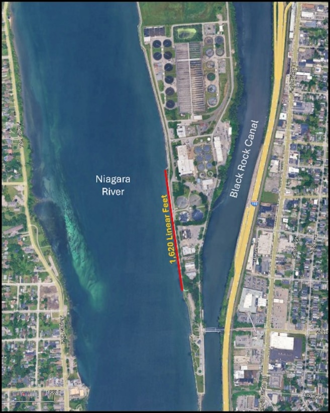 Aerial satellite view of Unity Island in Buffalo, New York, showing Niagara River with red line marking 1,620 feet of seawall to be repaired.