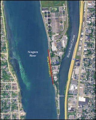 Aerial satellite view of Unity Island in Buffalo, New York, showing Niagara River with red line marking 1,620 feet of seawall to be repaired.