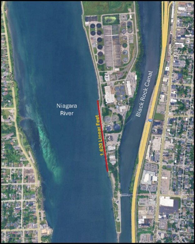 Aerial satellite view of Unity Island in Buffalo, New York, showing Niagara River with red line marking 1,620 feet of seawall to be repaired.