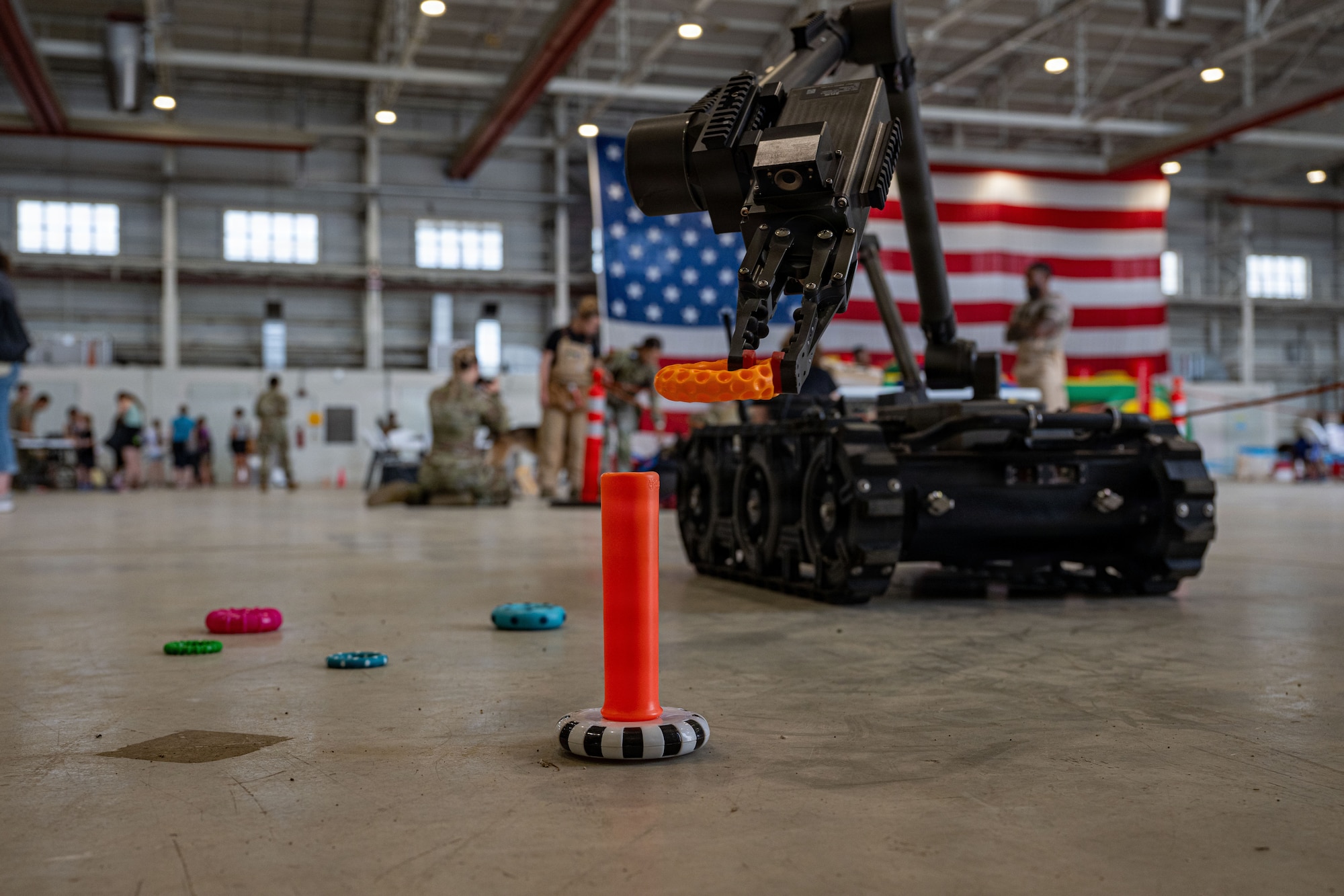 A robot holds a kids toy