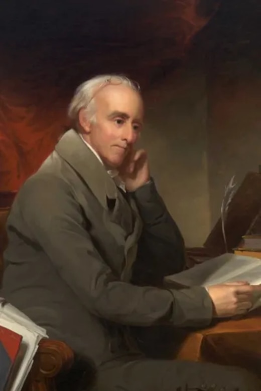 A painting of a man wearing colonial attire looking at a document.