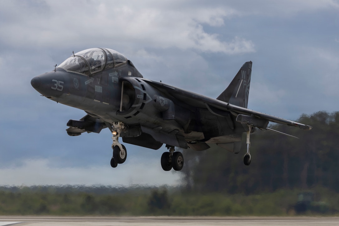 A U.S. Marine Corps TAV-8B Harrier II with Marine Attack Squadron (VMA) 223, Marine Aircraft Group 14, 2nd Marine Aircraft Wing, hovers above the flightline at Marine Corps Air Station Cherry Point, North Carolina, May 21, 2026. As the Harrier enters a twilight phase and the Marine Corps continues its transition to the F-35, 2nd MAW's remaining Harrier squadron maintains operational readiness. (U.S. Marine Corps video by Lance Cpl. Bryan Giraldo)