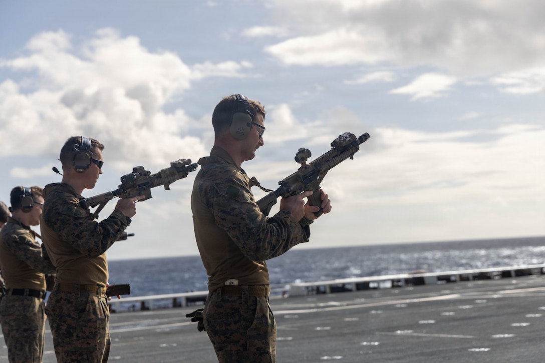 U.S. Marines with Maritime Raid Force, Littoral Combat Force-24, insert a magazine before a battlesight zero deck shoot on the flight deck of the San Antonio-class amphibious transport dock USS Fort Lauderdale (LPD 28) while underway in the Caribbean Sea, May 24, 2026. U.S. military forces are deployed to the U.S. Southern Command area of responsibility in support of Operation SOUTHERN SPEAR, Department of War-directed operations, and the president’s priorities to disrupt illicit drug trafficking, deter malign actors and protect the homeland through continuous presence. (U.S. Marine Corps photo)