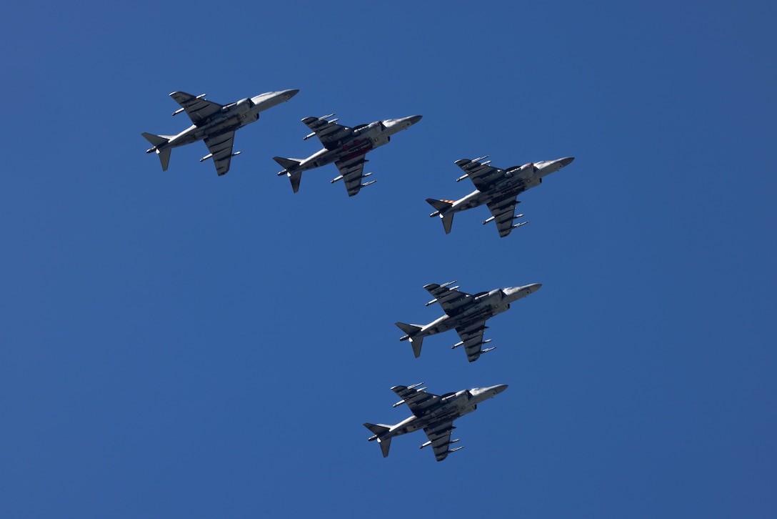 U.S. Marine Corps AV-8B Harrier II  aircraft with Marine Attack Squadron (VMA) 223, Marine Aircraft Group 14, 2nd Marine Aircraft Wing, fly over Marine Corps Air Station Cherry Point, June 3, 2026. The “sundown” of the AV-8B Harrier II, an iconic aircraft that has supported joint and Marine Corps operations for over 40 years, also represents the dawn of a new era; it paves the way for 2nd MAW’s full transition to the F-35B and C Lightning II.  VMA-223 is the U.S. Marine Corps' last operational Harrier squadron.  (U.S. Marine Corps photo by Lance Cpl. Orlanys Diaz Figueroa)