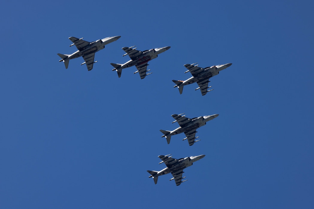 U.S. Marine Corps AV-8B Harrier II  aircraft with Marine Attack Squadron (VMA) 223, Marine Aircraft Group 14, 2nd Marine Aircraft Wing, fly over Marine Corps Air Station Cherry Point, June 3, 2026. The “sundown” of the AV-8B Harrier II, an iconic aircraft that has supported joint and Marine Corps operations for over 40 years, also represents the dawn of a new era; it paves the way for 2nd MAW’s full transition to the F-35B and C Lightning II.  VMA-223 is the U.S. Marine Corps' last operational Harrier squadron.  (U.S. Marine Corps photo by Lance Cpl. Orlanys Diaz Figueroa)