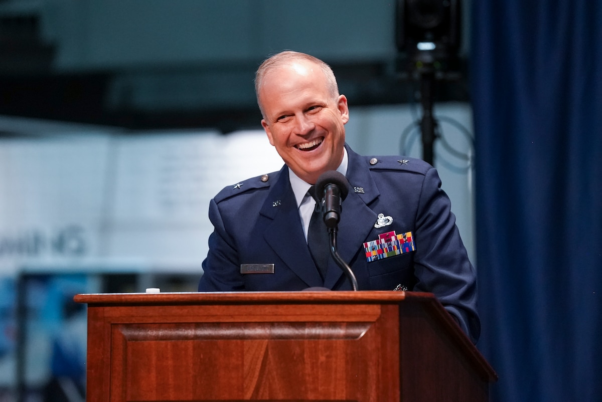 U.S. Air Force Brig. Gen. Jason Bartolomei, outgoing Air Force Research Laboratory commander and Department of the Air Force Technology Executive Officer, speaks during the Air Force Research Laboratory change of command ceremony at the National Museum of the U.S. Air Force, Wright-Patterson Air Force Base, Ohio, June 3, 2026.