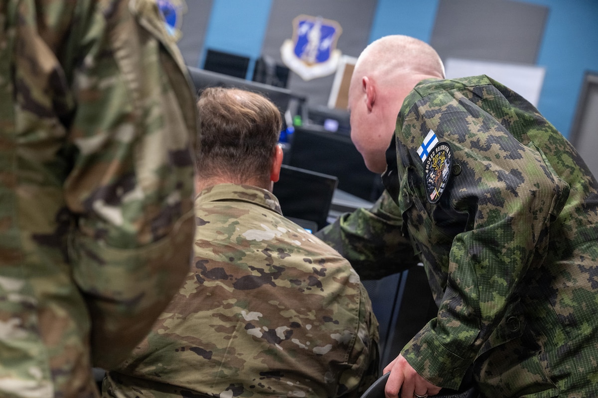Members of the Finnish Air Force and the 185th Cyberspace Operations Squadron, 192nd Wing, Virginia Air National Guard, collaborate during exercise Smoked Reindeer April 20, 2026, at Joint Base Langley-Eustis in Hampton, Virginia.