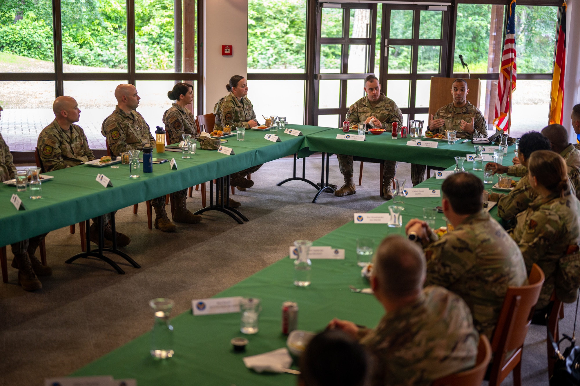 U.S. Air Force Gen. Adrian Spain, commander of Air Combat Command, and Chief Master Sgt. Jeremy Unterseher, ACC command chief, speak with leaders at Ramstein Air Base, Germany, May 20, 2026. Discussions centered on commander priorities, professional development and the qualities of effective leadership. (U.S. Air Force photo by Senior Airman Jared Lovett)