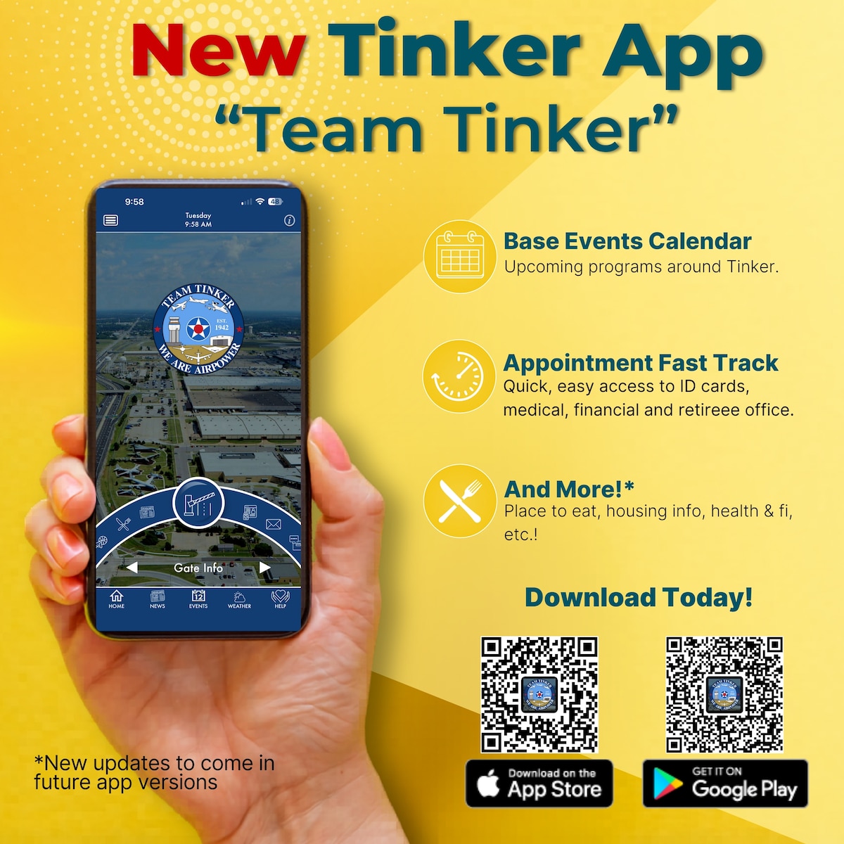 A graphic design of a hand holding a phone displaying the Team Tinker mobile application. It displays some of the app's capabilities and provides QR codes to download the app.