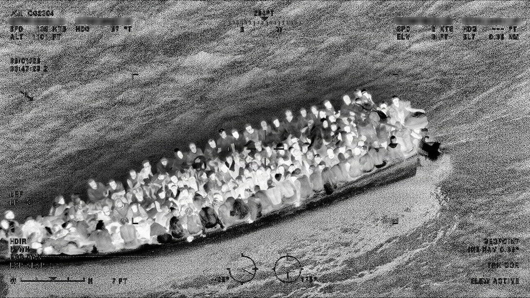 A Coast Guard Air Station Miami 144 aircrew locates an overloaded, unsafe vessel making an unlawful voyage attempt, 15 miles south of the Turks and Caicos Islands, May 31, 2026. U.S Coast Guard, U.S. Customs and Border Protection and the Royal Turks and Caicos Islands Police Force surface and air units interdicted the vessel carrying 240 aliens near Turks and Caicos Islands.(U.S. Coast Guard photo by Air Station Miami).