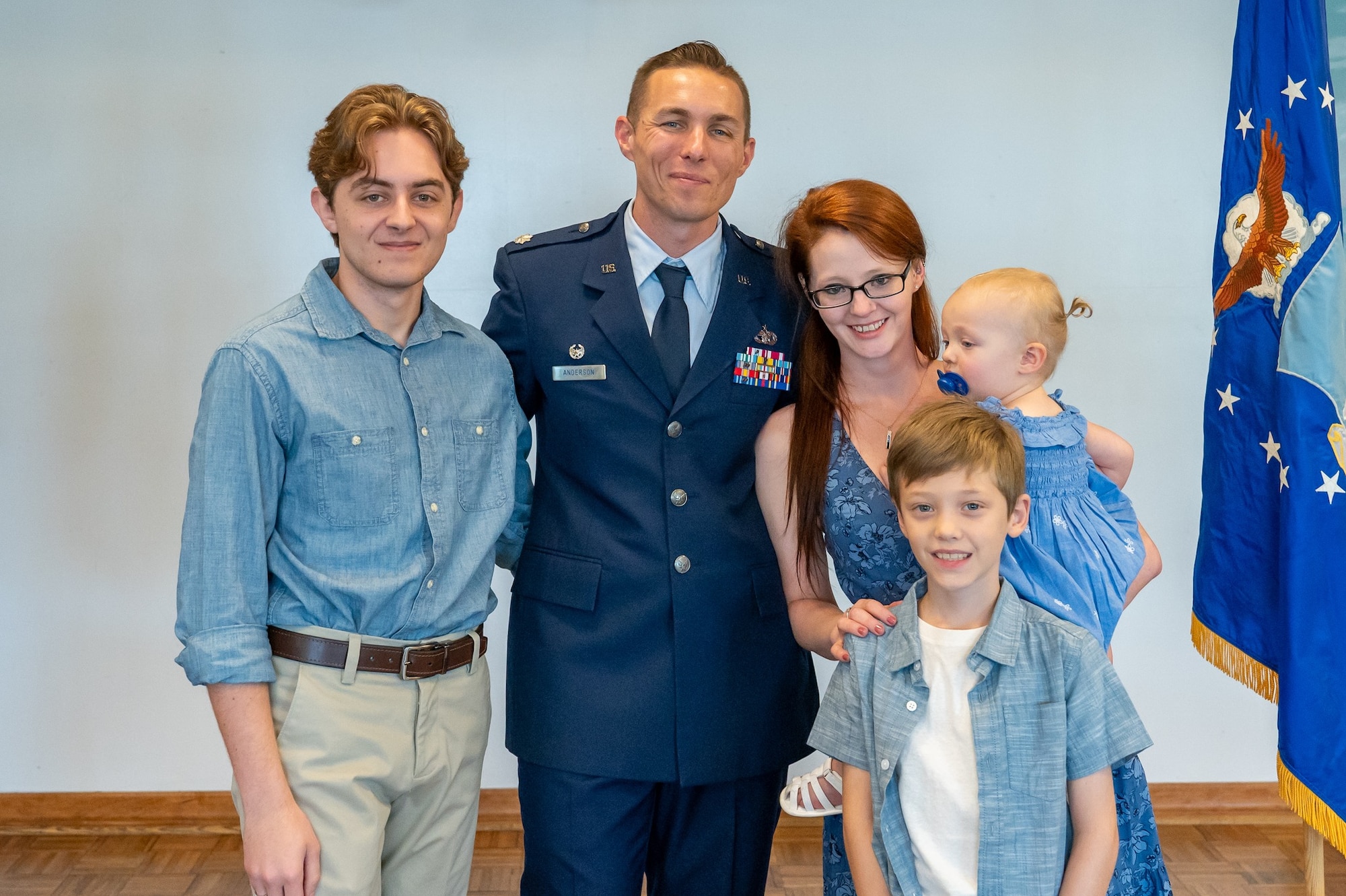 Lael “Lolly” Cowell Anderson poses with her husband, Lt. Col. Anthony Anderson, commander of the 709th Support Squadron at the Air Force Technical Applications Center, and their three children, Collin, Cal, and Cami.  Cowell was named Key Support Liaison of the Year at the squadron, group, center and numbered air force levels; the Armed Forces Insurance Patrick Space Force Base Spouse of the Year; and has been nominated as Air Combat Command’s Joan Orr Air Force Spouse of the Year for 2025.   (Courtesy photo)