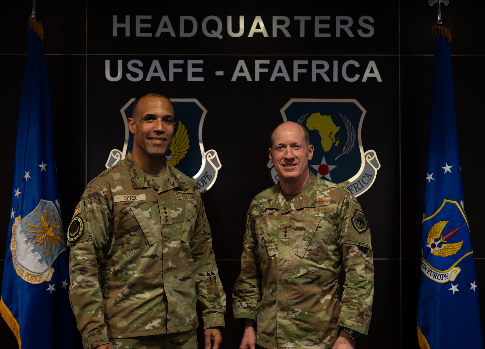 U.S. Air Force Gen. Adrian Spain, commander of Air Combat Command, and Lt. Gen. Jason T. Hinds, U.S. Air Forces in Europe – Air Forces Africa commander, participated in an office call during Spain’s visit to Ramstein Air Base, Germany, May 20, 2026. The visit provided an opportunity for senior leaders to engage directly with Airmen and gain firsthand insight into missions supporting operations and intelligence integration across the European theater. (U.S. Air Force photo by Tech. Sgt. Nathan Eckert)