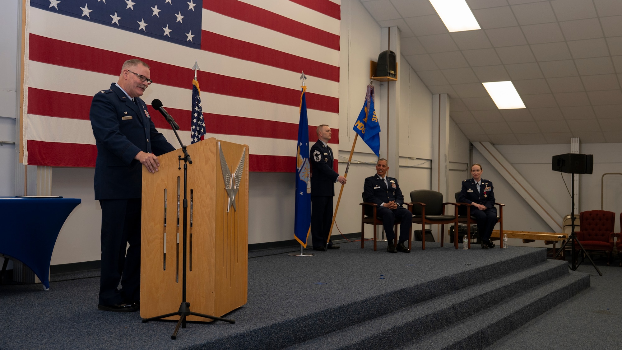 Incoming commander addresses crowd at change of command ceremony.