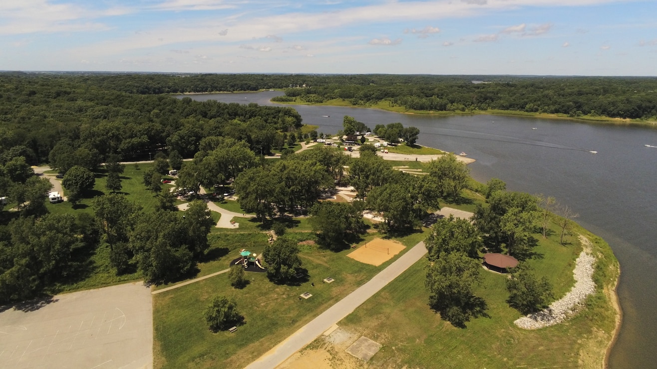 An aerial view of West Overlook Campground at Coralville Lake.