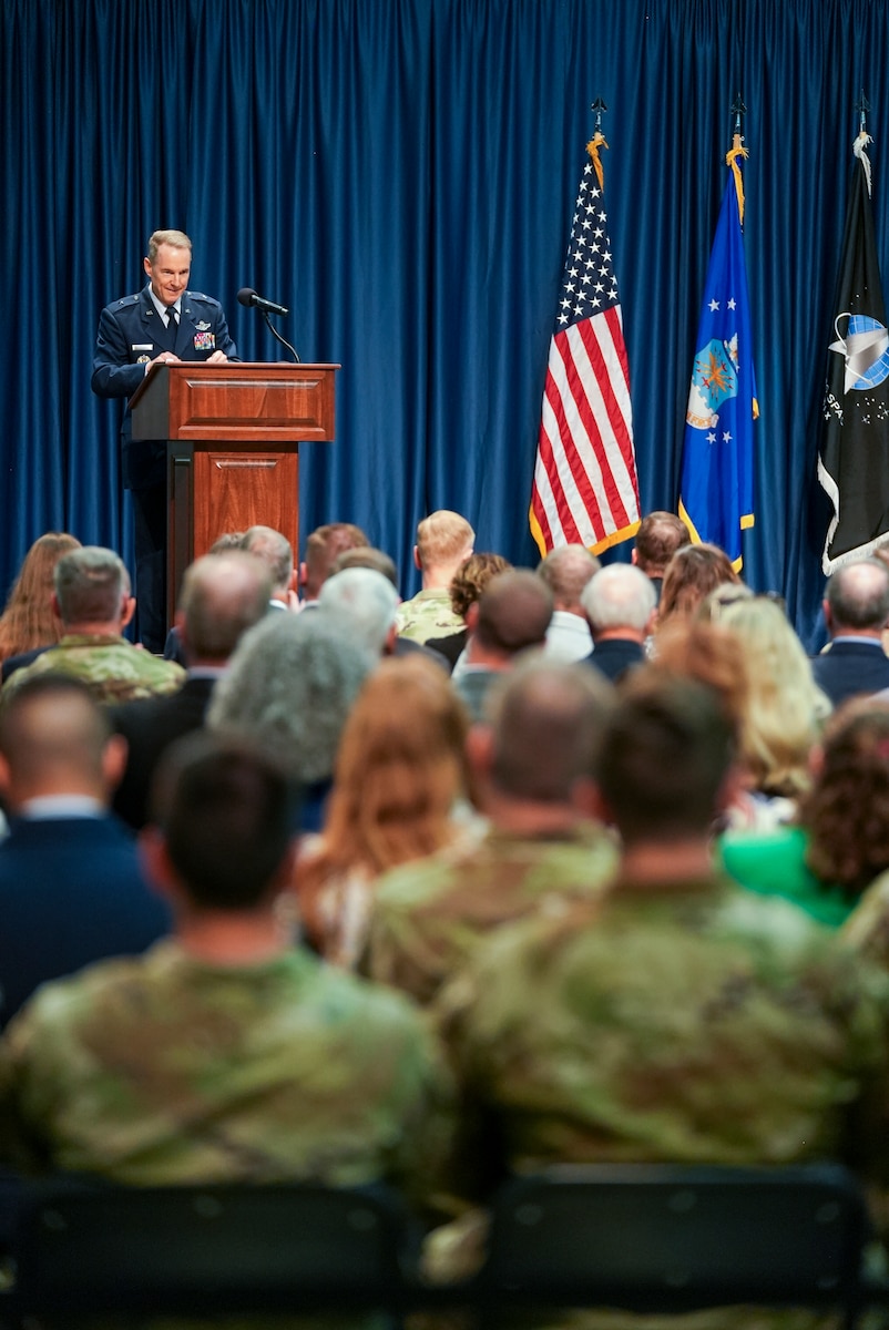 U.S. Air Force Brig. Gen. Douglas Wickert, incoming Air Force Research Laboratory commander and Department of the Air Force Technology Executive Officer, speaks during the Air Force Research Laboratory change of command ceremony at the National Museum of the U.S. Air Force, Wright-Patterson Air Force Base, Ohio, June 3, 2026.