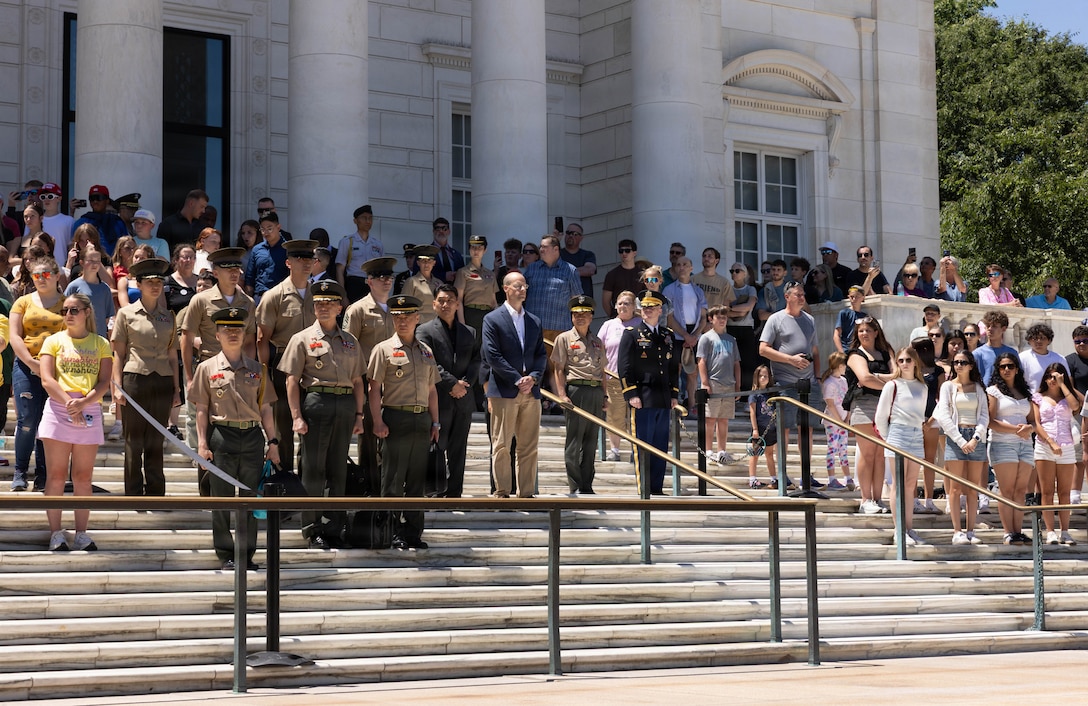 The Commandant of the Republic of Korea Marine Corps, Lt. Gen. Ju Il-Seok, observes a wreath laying ceremony in Arlington, Virginia, June 2, 2026. The wreath-laying ceremony symbolized a continuous commitment to honoring and showing respect to the Tomb of the Unknown Soldier.