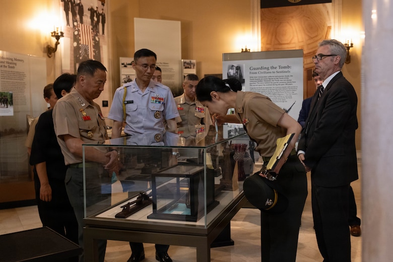 The Commandant of the Republic of Korea Marine Corps, Lt. Gen. Ju Il-Seok, observes historic artifacts in Arlington, Virginia, June 2, 2026. The wreath-laying ceremony symbolized a continuous commitment to honoring and showing respect to the Tomb of the Unknown Soldier.