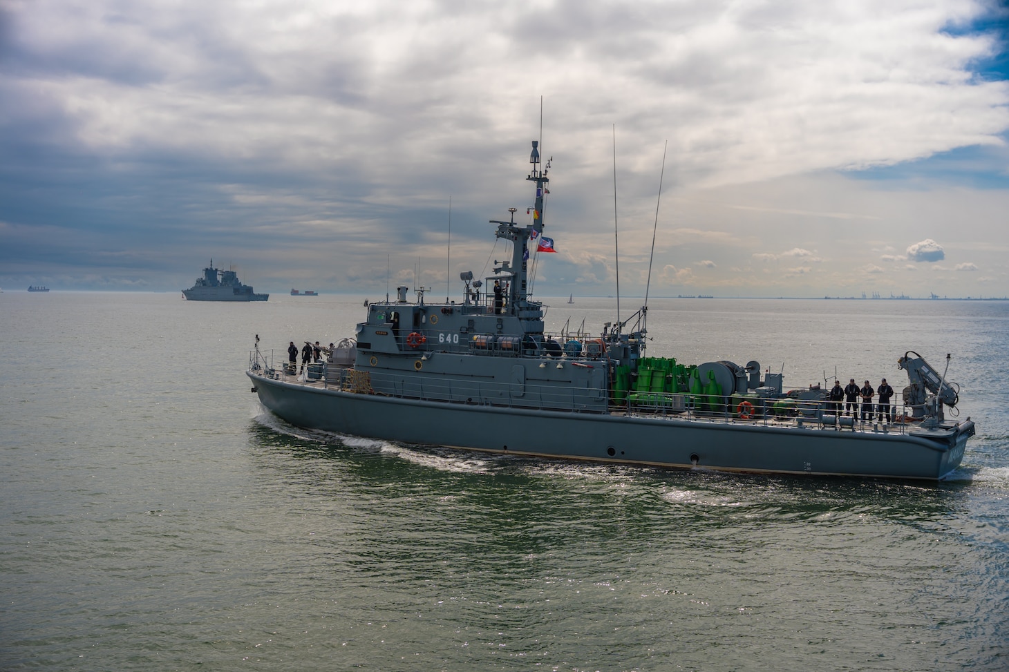 Polish Navy's Gardno-class minesweeper ORP Nakło (640) departs the port of Gdynia behind German Navy Baden-Württemberg-class frigate FGS Sachsen-Anhalt (F224) to participate in exercise Baltic Operations (BALTOPS) 2026 June 4, 2026.