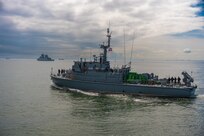 Polish Navy's Gardno-class minesweeper ORP Nakło (640) departs the port of Gdynia behind German Navy Baden-Württemberg-class frigate FGS Sachsen-Anhalt (F224) to participate in exercise Baltic Operations (BALTOPS) 2026 June 4, 2026.