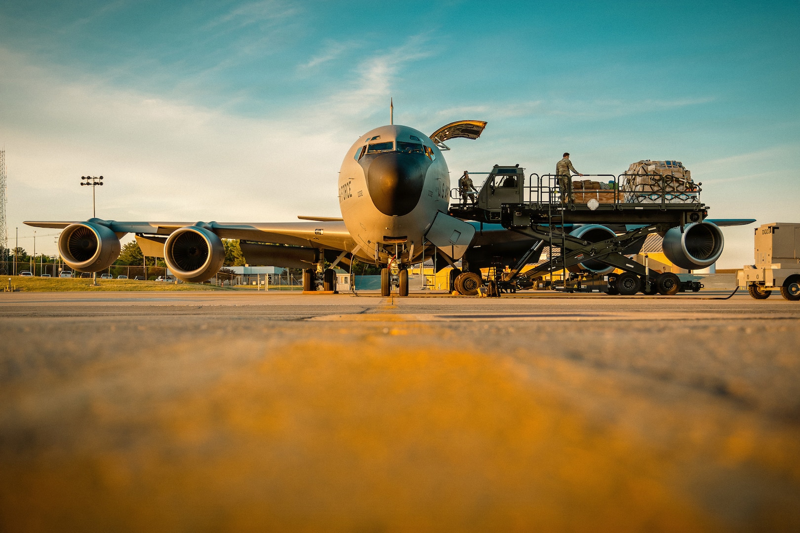 A team of Air Transportation Specialists assigned to the 101st Air Refueling Wing in Bangor, Maine, unloads cargo from a KC-135 Stratotanker, June 3, 2026.
