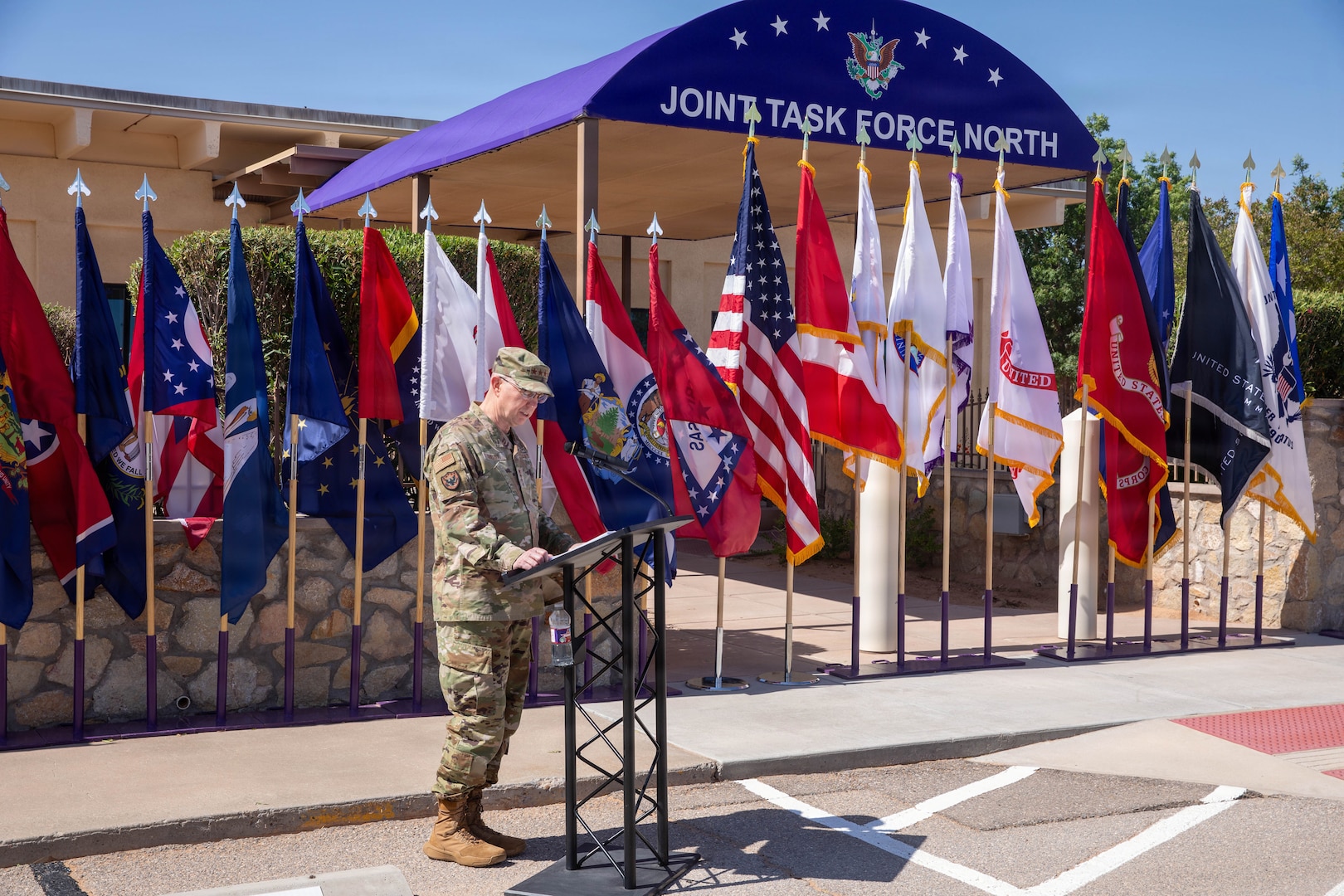 Gen. Gregory Guillot, commander, North American Aerospace Defense Command (NORAD) and U.S. Northern Command (USNORTHCOM), delivers remarks during the Joint Task Force–North Color Casing ceremony at Fort Bliss, Texas, June 3, 2026. The ceremony marks the completion of the organization’s mission in support of NORAD and USNORTHCOM. (U.S. Army photo by Sgt. Treavon Triplett)