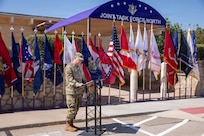 Gen. Gregory Guillot, commander, North American Aerospace Defense Command (NORAD) and U.S. Northern Command (USNORTHCOM), delivers remarks during the Joint Task Force–North Color Casing ceremony at Fort Bliss, Texas, June 3, 2026. The ceremony marks the completion of the organization’s mission in support of NORAD and USNORTHCOM. (U.S. Army photo by Sgt. Treavon Triplett)