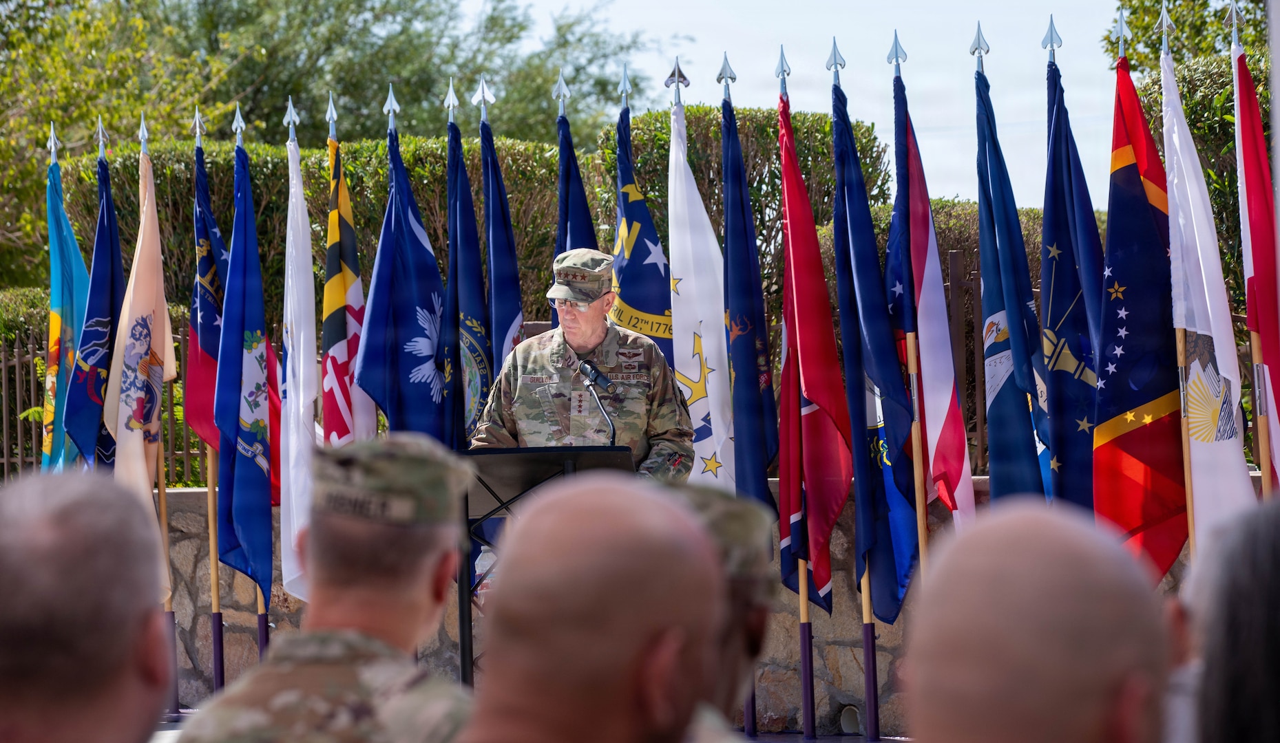 Gen. Gregory Guillot, commander, North American Aerospace Defense Command (NORAD) and U.S. Northern Command (USNORTHCOM), delivers remarks during the Joint Task Force–North Color Casing ceremony at Fort Bliss, Texas, June 3, 2026.  The ceremony marks the completion of the organization’s mission in support of NORAD and USNORTHCOM. (U.S. Army photo by Sgt. Treavon Triplett)