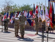Maj. Gen. Henry S. Dixon, commander, Joint Task Force–North (JTF-N), cases the colors during the JTF-N Casing ceremony at Fort Bliss, Texas, June 3, 2026. The ceremony marks the completion of the organization’s mission in support of NORAD and USNORTHCOM. (U.S. Army photo by Sgt. Treavon Triplett)