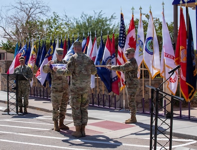 Maj. Gen. Henry S. Dixon, commander, Joint Task Force–North (JTF-N), cases the colors during the JTF-N Casing ceremony at Fort Bliss, Texas, June 3, 2026. The ceremony marks the completion of the organization’s mission in support of NORAD and USNORTHCOM. (U.S. Army photo by Sgt. Treavon Triplett)
