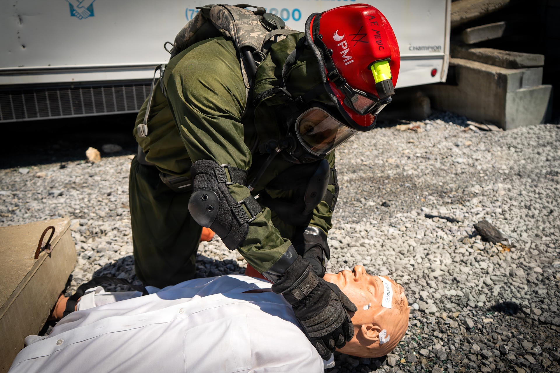 Service members from the New York and New Jersey National Guard Homeland Response Force conduct casualty extraction and hazardous environment response training under the instruction of the West Virginia National Guard during a regional CBRN response exercise. The training focused on lifesaving operations, interagency coordination and rapid response capabilities during large-scale domestic emergencies. (U.S. Army National Guard photo by Sgt. Tristan Murry)