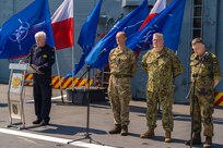 Rear Adm. Jarosław Ziemiański (left), Inspector of the Polish Navy, speaks during a press conference aboard Polish Navy Oliver Hazard Perry-class guided-missile frigates ORP Generał Tadeusz Kościuszko (F 273) during the pre-sail conference of exercise Baltic Operations (BALTOPS) 2026 June 3, 2026.