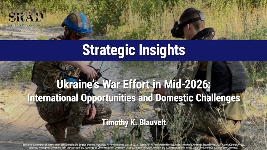 Slide for the Strategic Insights article, Ukraine’s War Effort in Mid-2026: International Opportunities and Domestic Challenges by Timothy K. Blauvelt