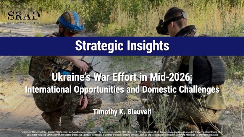 Slide for the Strategic Insights article, Ukraine’s War Effort in Mid-2026: International Opportunities and Domestic Challenges by Timothy K. Blauvelt