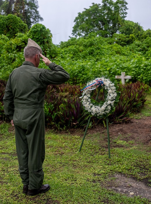 Adm. Samuel J. Paparo, commander of U.S. Indo-Pacific Command, salutes a wreath at a memorial site in Peleliu, Republic of Palau, May 26, 2026.