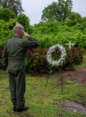 Adm. Samuel J. Paparo, commander of U.S. Indo-Pacific Command, salutes a wreath at a memorial site in Peleliu, Republic of Palau, May 26, 2026.