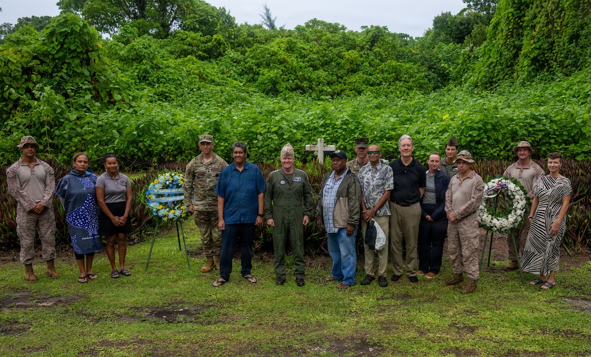 Adm. Samuel J. Paparo, commander of U.S. Indo-Pacific Command, and President Surangel S. Whipps Jr., the president of Palau, pose for a photo at a memorial on Peleliu, Republic of Palau, May 27, 2026.