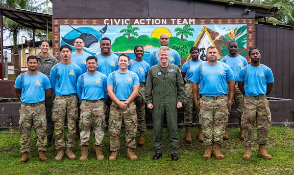 Adm. Samuel J. Paparo, commander of U.S. Indo-Pacific Command, smiles in a group photo with the Civic Action Team on Camp Katuu, Airai State, Republic of Palau, May 28, 2026.