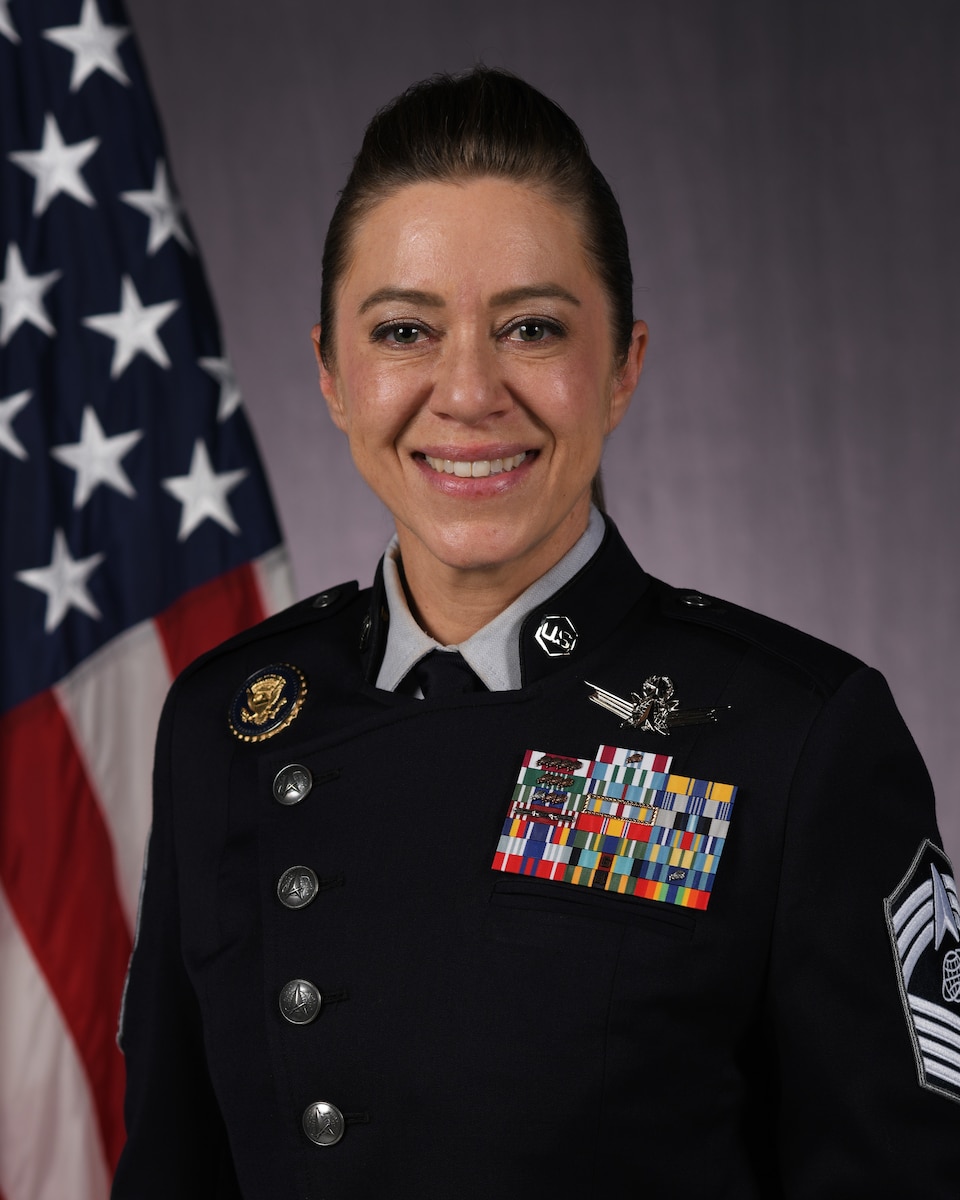 An official studio photo of U.S. Space Force Chief Master Sgt. Shannan Sanchez, Space Launch Delta 30 senior enlisted leader at Vandenberg Space Force Base, Calif, June 3, 2026.