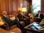 U.S. Marine Corps Gen. Francis L. Donovan, commander of U.S. Southern Command, speaks with Guatemalan President Bernardo Arévalo and U.S. Charge d’Affaires Jorgan Andrews in Guatemala City, Guatemala, June 4, 2026. Donovan visited Guatemala June 3-4 to meet with leaders to continue the bilateral dialogue between senior U.S. and Guatemalan leaders on expanding the bilateral defense partnership to implement a shared commitment to counter cartel criminal activity under the Americas Counter Cartel Coalition. (Photo courtesy U.S. Embassy Guatemala)
