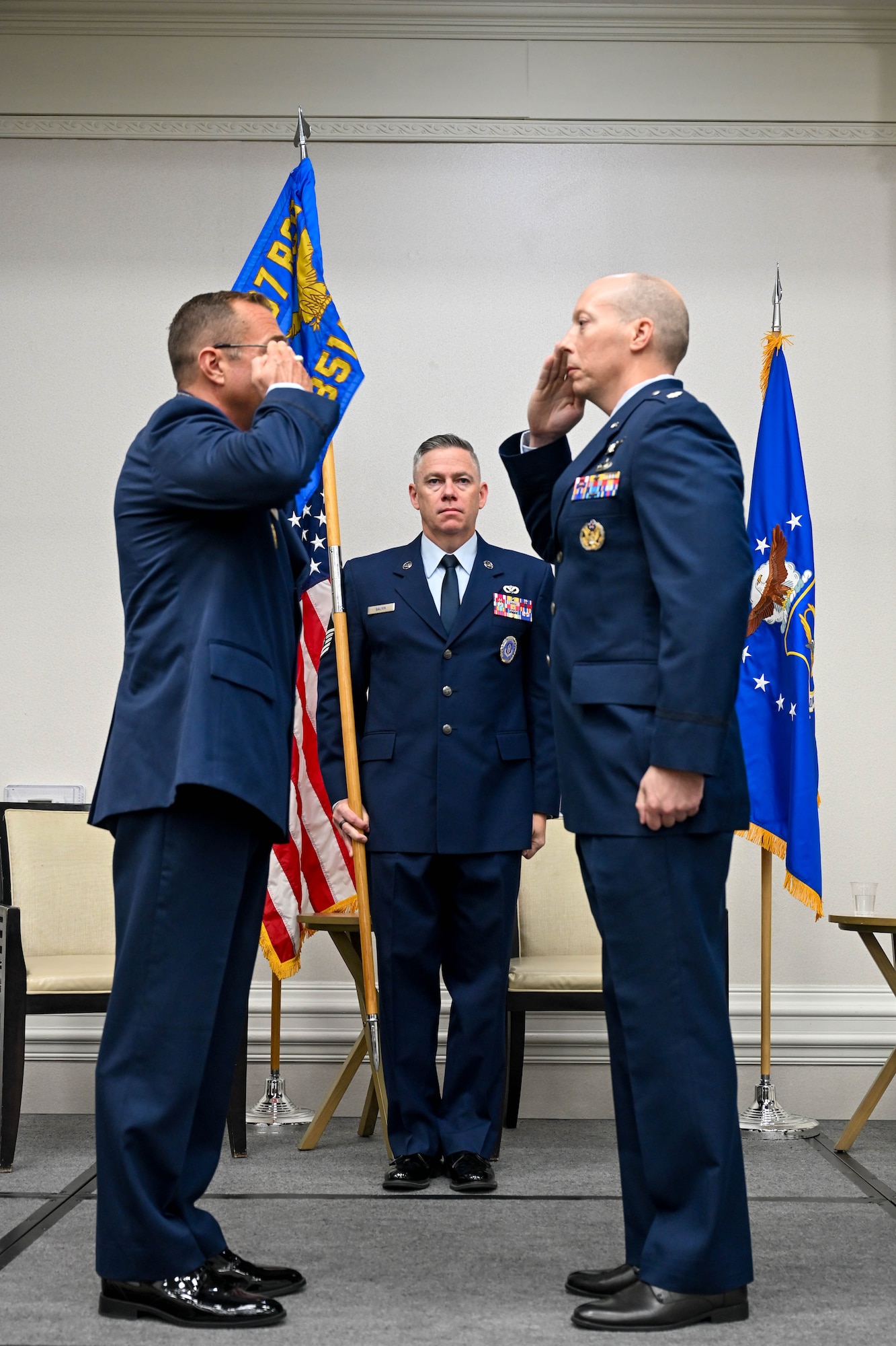 U.S. Air Force Lt. Col. Jonathan L. Markley, 351st Recruiting Squadron commander, headquartered at Dobbins Air Reserve Base, Marietta, Georgia, renders his first salute to U.S. Air Force Col. Sean “Metro” Fellows, 367th Recruiting Group commander, Robins Air Force Base, Georgia, during a Change of Command ceremony, June 4, 2026, Orlando, Florida. Markley now commands Air Force Reserve recruiters across 400,000 square miles, including 8 states, 1 territory, and 5 overseas units of 84 military and 9 civilian personnel, 59 recruiting offices, and 14 Military Entrance Processing Stations. (U.S. Air Force photo by Master Sgt. Della Creech)