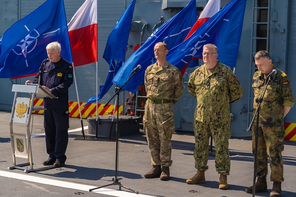 Rear Adm. Jarosław Ziemiański (left), Inspector of the Polish Navy, speaks during a press conference aboard Polish Navy Oliver Hazard Perry-class guided-missile frigates ORP Generał Tadeusz Kościuszko (F 273) during the pre-sail conference of exercise Baltic Operations (BALTOPS) 2026 June 3, 2026.
