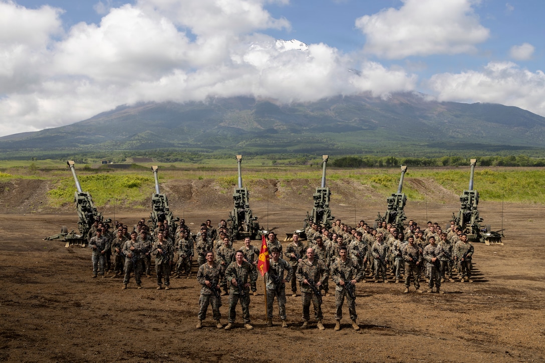 Marines pose for a group photo during Artillery Relocation Training Program 26.1 at the Combined Arms Training Center, Camp Fuji, Japan, May 25, 2026.