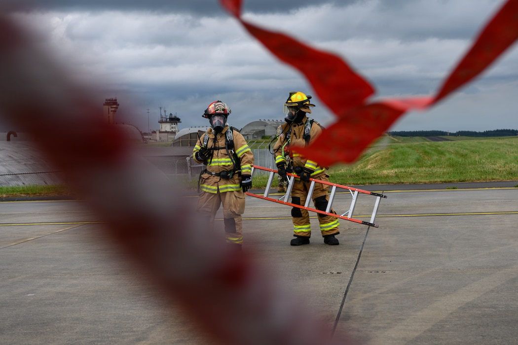 Two firefighters hold a ladder.