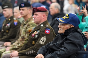 WWII Veteran Jack Boeki attends the Airborne Ceremony in Sainte-Mère-Église, France, on June 3, 2026. The 82nd anniversary of D-Day is a reminder of the courage, sacrifice, and unity of the U.S. and Allied forces who fought to liberate the world from tyranny. U.S. service members assigned to units throughout Europe and the U.S. will participate in over 120 events and ceremonies between June 2-7, to commemorate the 82nd anniversary of D-Day in the Normandy region of France. (U.S. Army photo by Samantha Sergi)