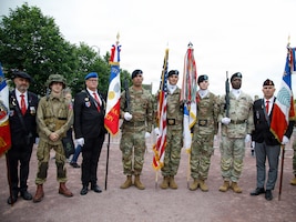 Allies and partners gather for a ceremony of remembrance of GEN Dwight Eisenhower, 34th U.S. President, in Sainte-Mere-Eglise, France, June 3, 2026. U.S. service members assigned to units throughout Europe and the U.S. will participate in over 120 events and ceremonies June 2-7, to commemorate the 82nd anniversary of D-Day in the Normandy region of France. (U.S. Army photo by Sgt. 1st Class Brenden Delgado)